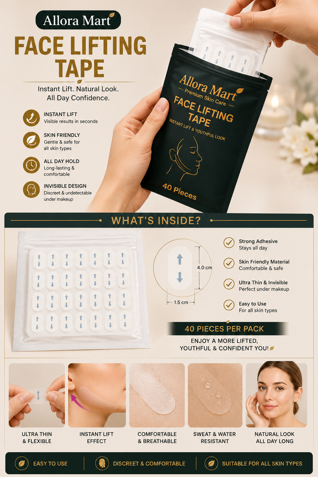 Face Lifting Tape – Instant Lift & Youthful Look | 40 Pieces