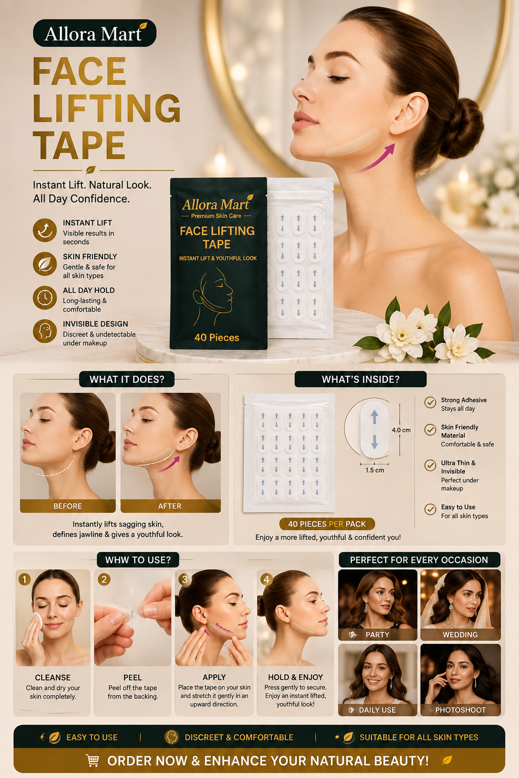 Face Lifting Tape – Instant Lift & Youthful Look | 40 Pieces