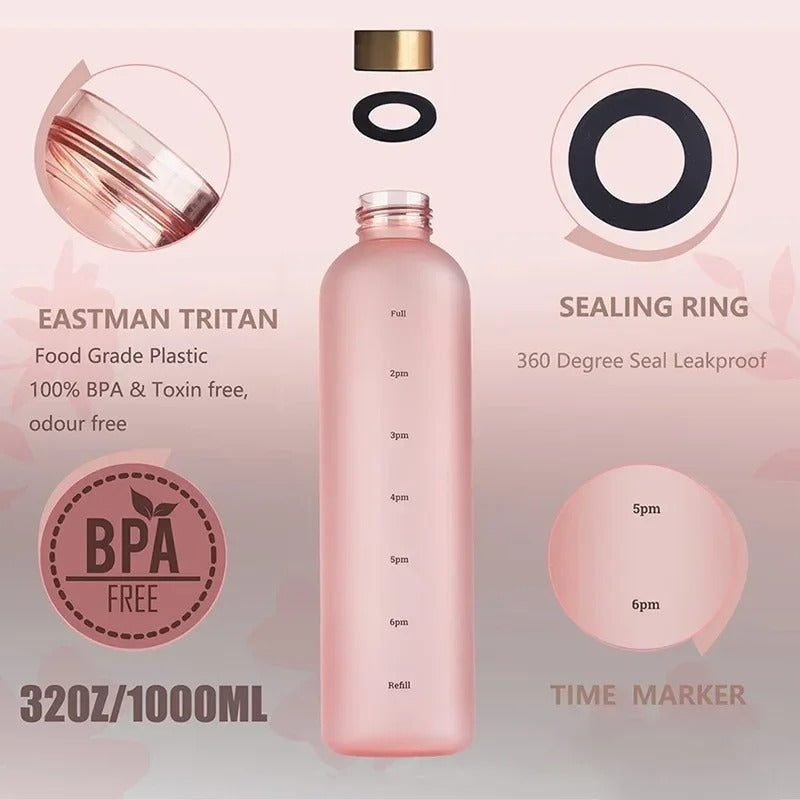 1000ml Tritan Motivational Water Bottle with Time Markers – Leak-Proof, BPA-Free